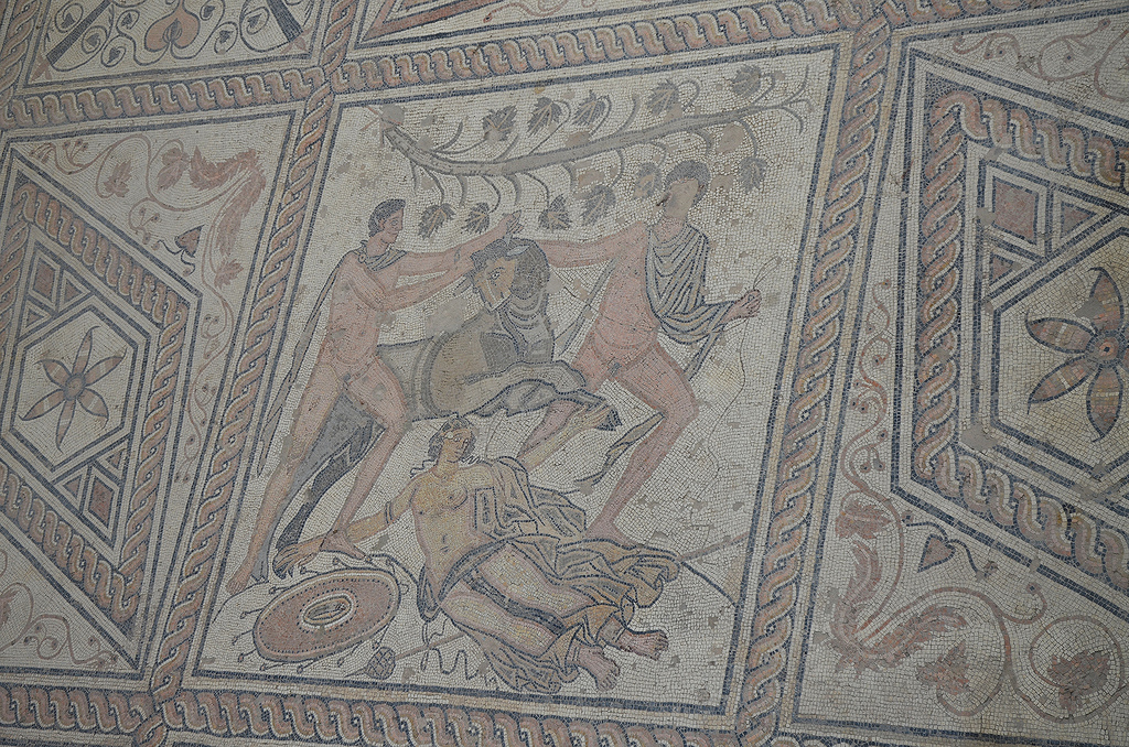 The mosaic covered the floor of a central room of a Roman house, probably from the 3rd century.