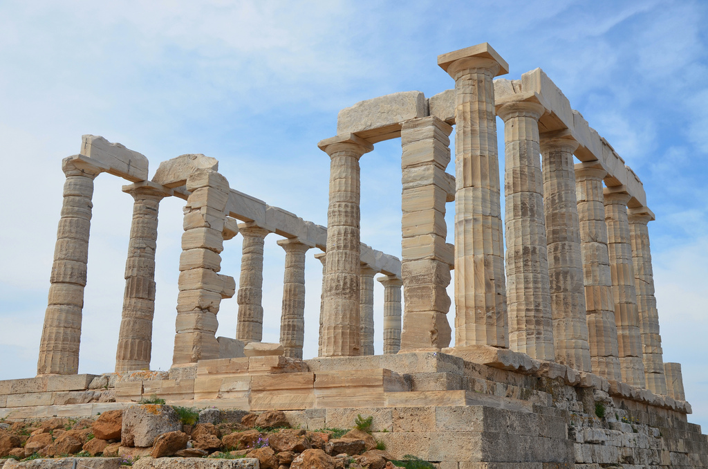 The temple of Poseidon at Cape Sounion from the northeast, (built circa 440 BC), Cape Sounion, Greece