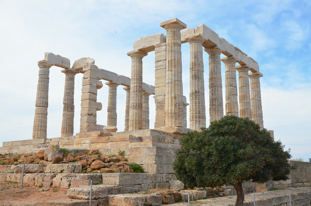 The temple of Poseidon at Cape Sounion from the north, (built circa 440 BC), Cape Sounion, Greece