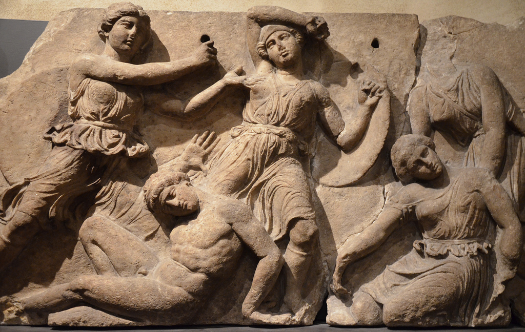 The Bassai sculptures, marble block from the frieze of the Temple of Apollo Epikourios at Bassae (Greece), Greeks fight Amazons, about 420-400 BC, British Museum