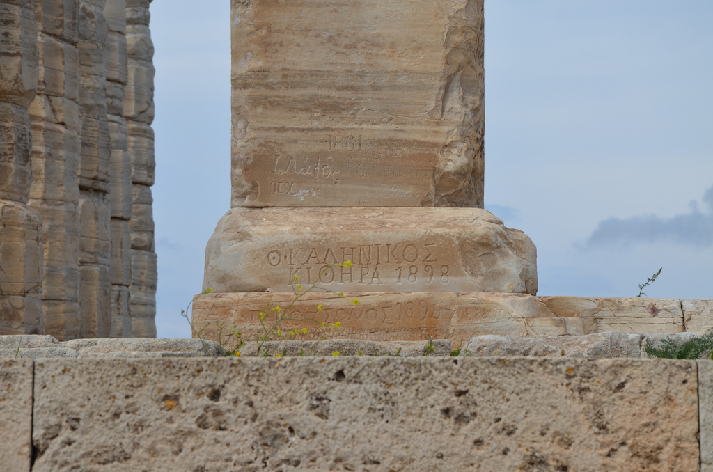 Temple of Poseidon, 19th century Graffiti on the left pillar, Cape Sounion, Greece