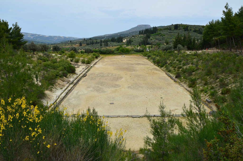 The Ancient Stadium of Nemea with the starting line in the foreground. It was built ca. 330 - 300 BC.