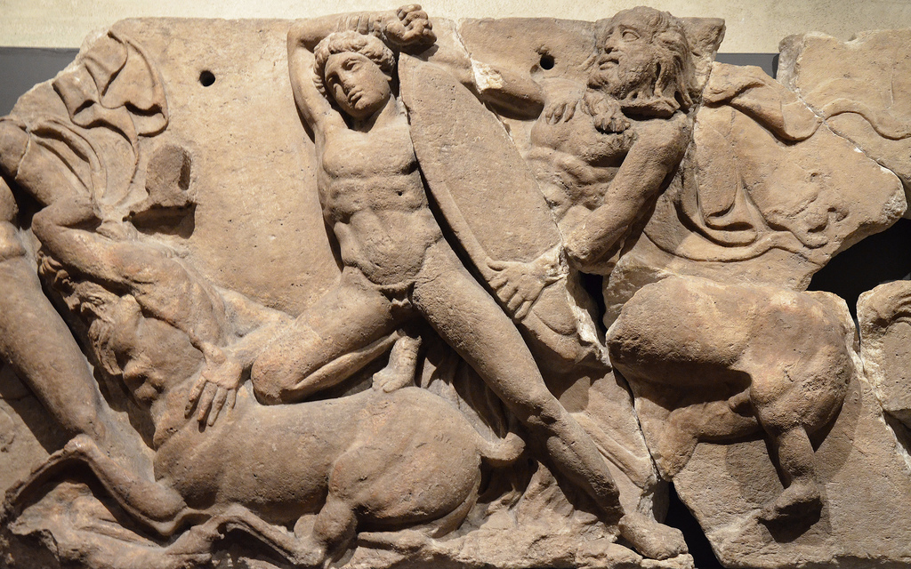 The Bassai sculptures, marble block from the frieze of the Temple of Apollo Epikourios at Bassae (Greece), Lapiths fight Centaurs, about 420-400 BC, British Museum