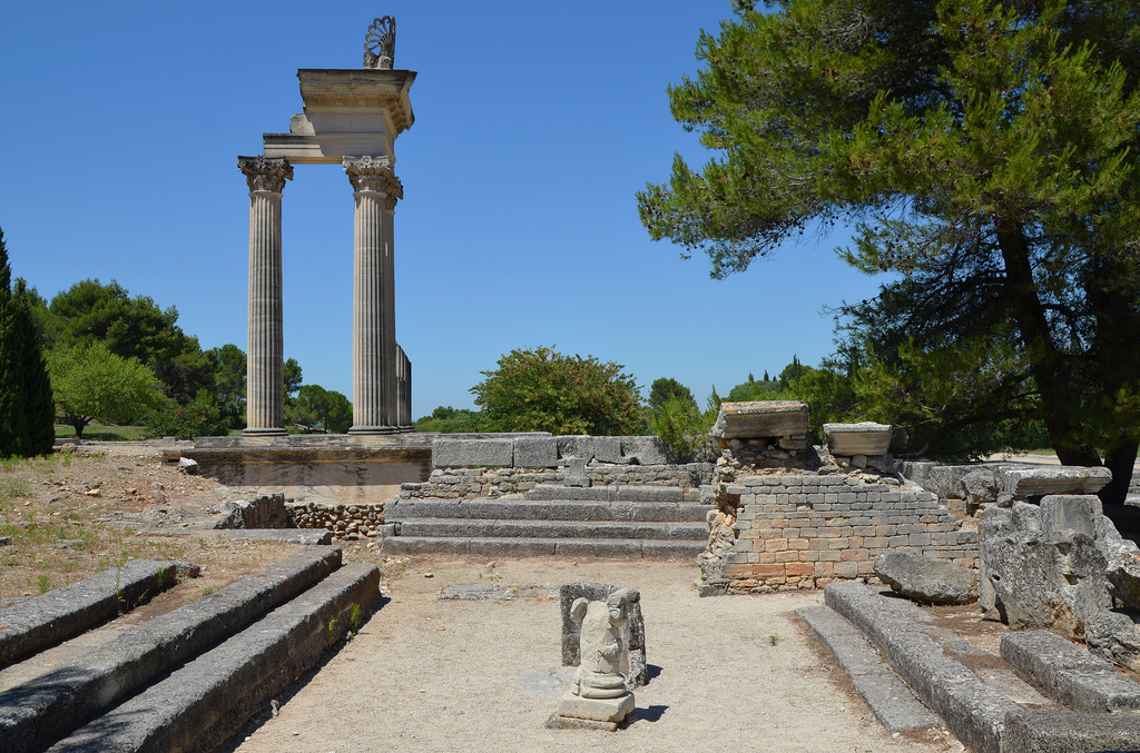 The Hellenistic Bouleteurion with the partially reconstructed temple in the background.