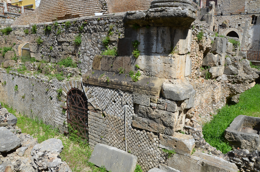 The podium of the Capitolium with the door leading to the favissae (the rooms where the votive offering were kept), Terracina (Anxur), Terracina, Italy