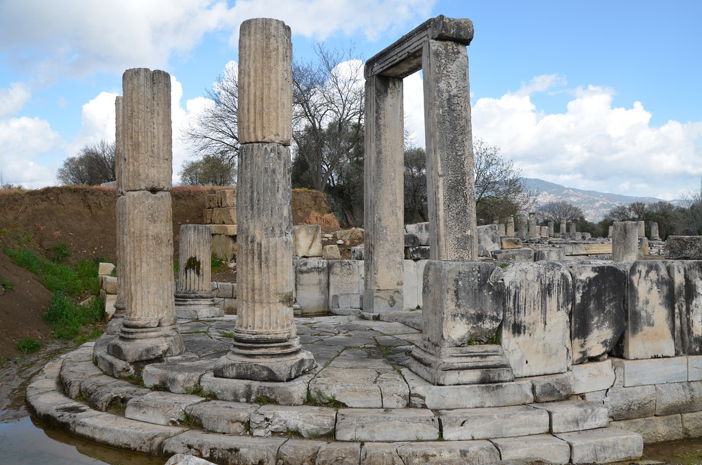 The propylaea (monumental gateway) with a semicircular colonnade at the front, Sanctuary of Hecate in Lagina, Caria, Turkey