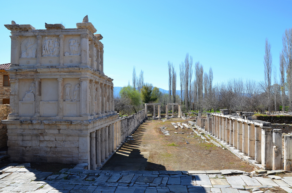 The restored southern portico of the Sebasteion, a building complex dedicated to Aphrodite, Augustus (Sebastos) and the Julio-Claudian dynasty, Aphrodisias, Caria, Turkey