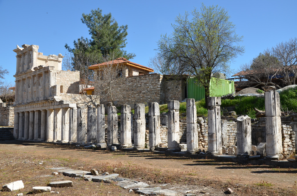 The restored southern portico of the Sebasteion, a building complex dedicated to Aphrodite, Augustus (Sebastos) and the Julio-Claudian dynasty, Aphrodisias, Caria, Turkey