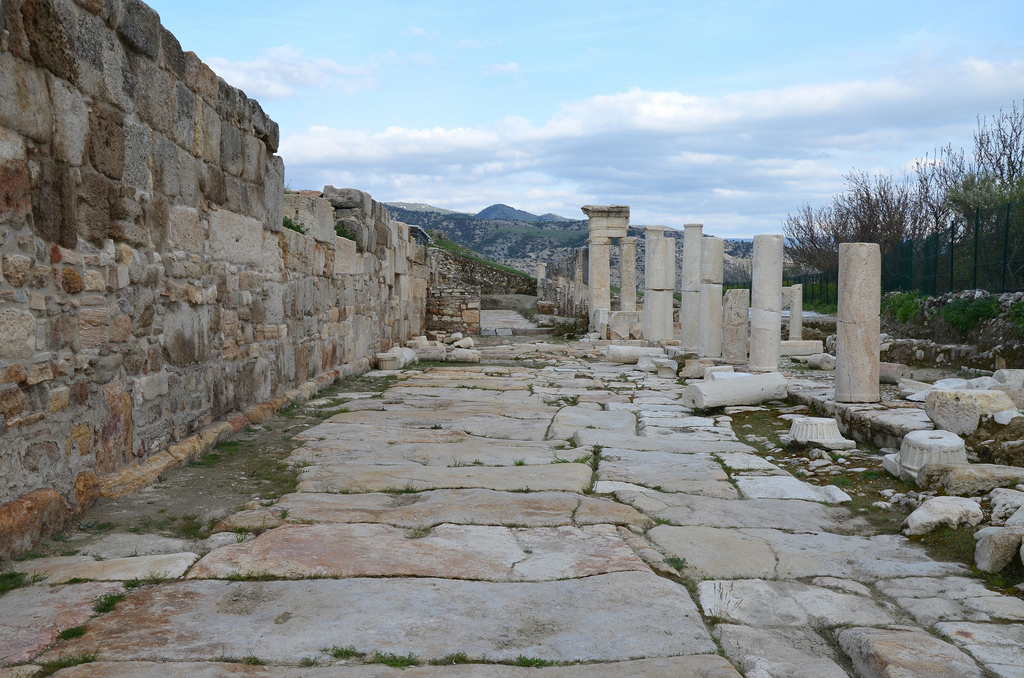 The 450m long colonnaded street running in a north-southerly direction. in the early 5th century CE, fortification walls were built on its north