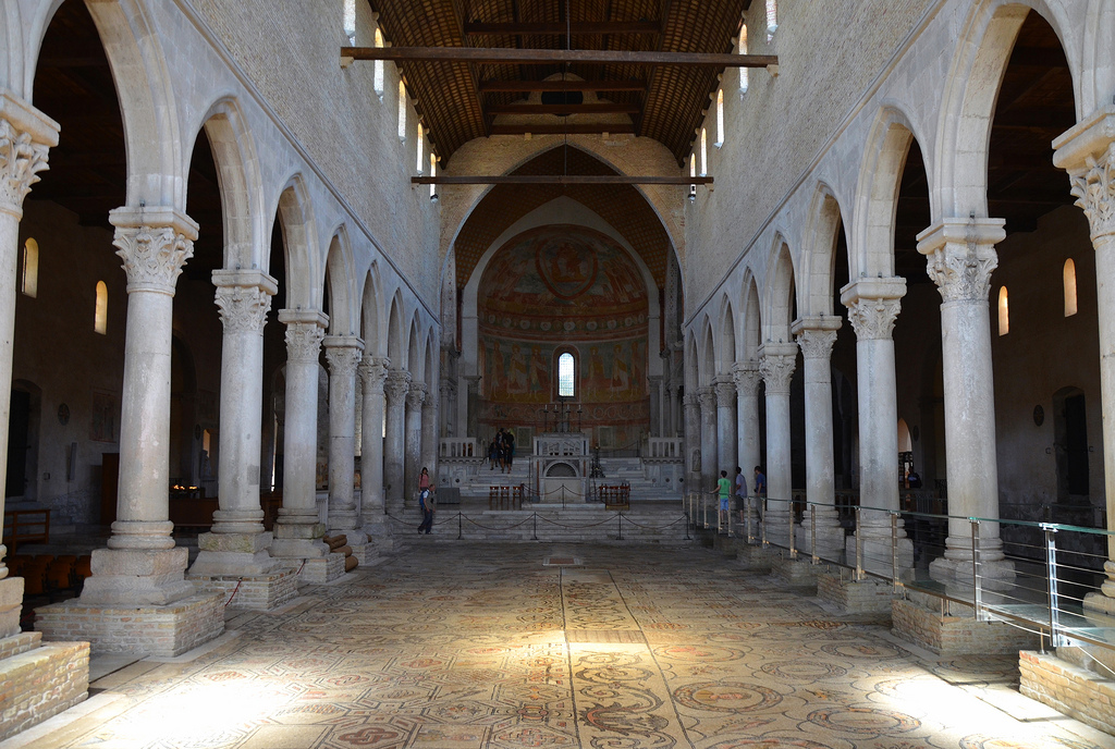 Inside view of the Basilica with the mosaic floor that was uncovered at the beginning of the 20th century, the mosaic dates back to the first stage of Christian construction of the basilica which started soon after the Edict of Toleration in 313 AD.