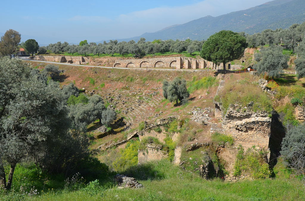 The Stadium, built at the foot of the gorge with rows of seats cut into the steep hillside and dated to Late Hellenistic period, Nysa on the Meander, Turkey