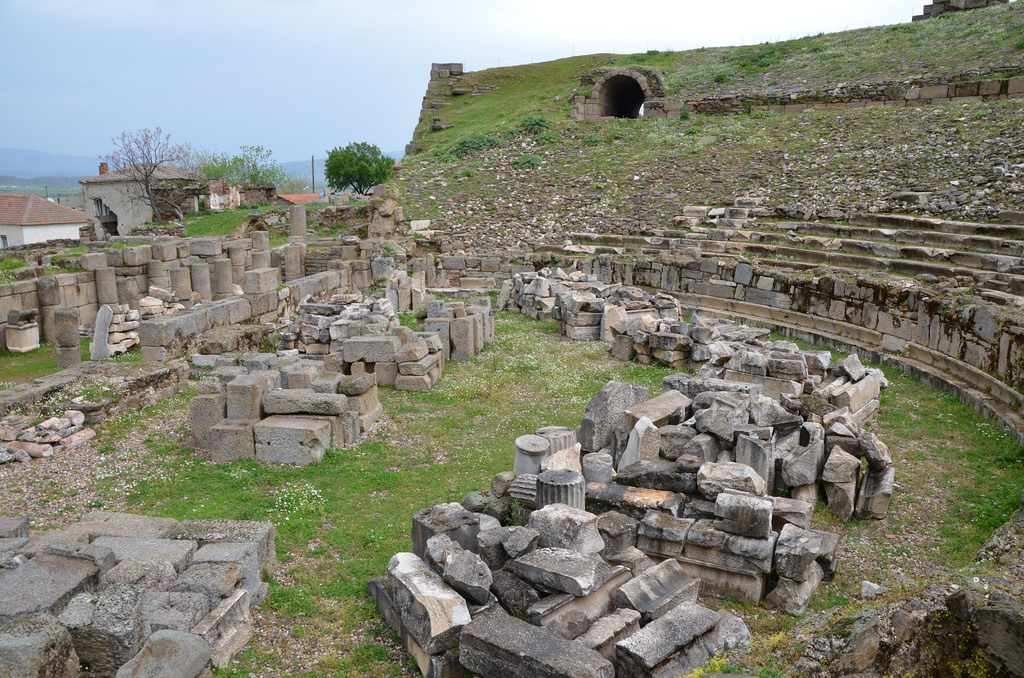 The Hellenistic theate, located on a natural south-facing hillside, in the 4th century AD repairs were made using block rocks from the Temple of Zeus Chrysaoreus, Alabanda, Caria, Turkey