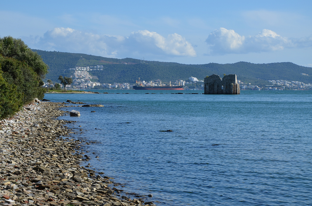 The western harbor with the ruins of a Byzantine Tower.