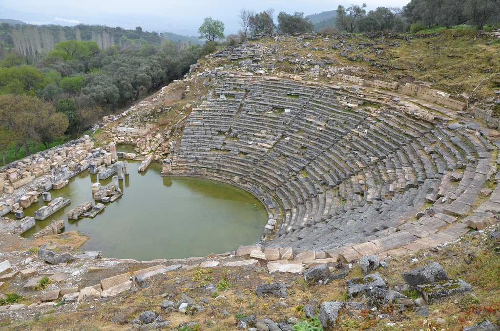 The theatre, erected in the Hellenistic period in the north slope of the south hill, its capacity was approximately 10,000 spectators, Caria, Turkey