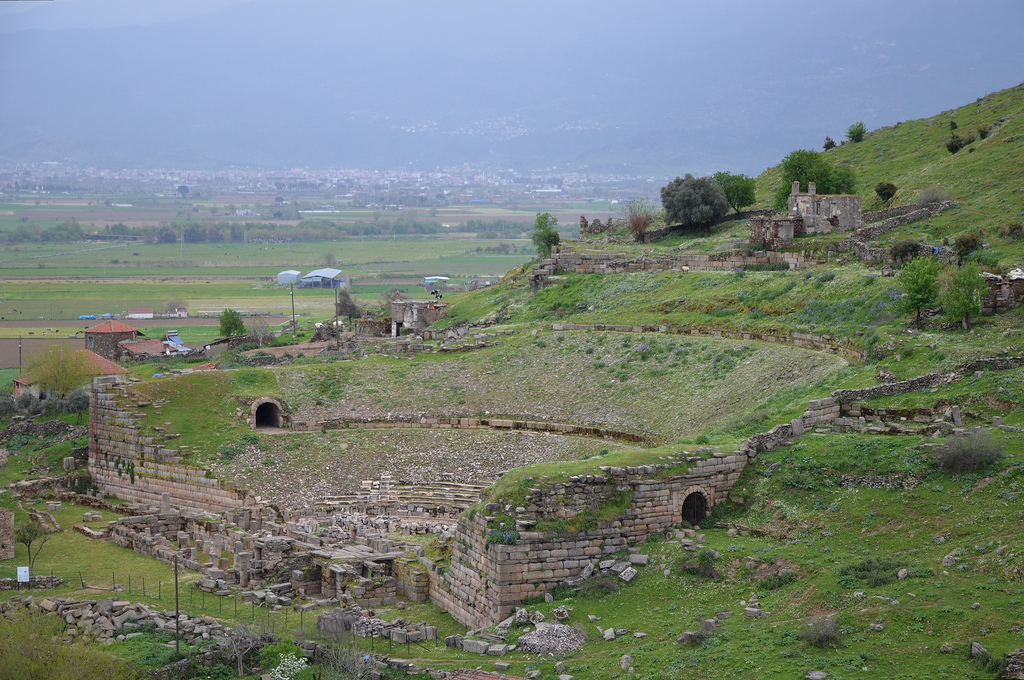 The Hellenistic theate, located on a natural south-facing hillside, in the 4th century AD repairs were made using block rocks from the Temple of Zeus Chrysaoreus, Alabanda, Caria, Turkey