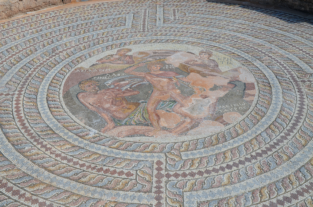 Mosaic floor depicting the mythical duel between Theseus and the Minotaur in the Labyrinth of Crete, House of Theseus, 3rd-4th century AD.