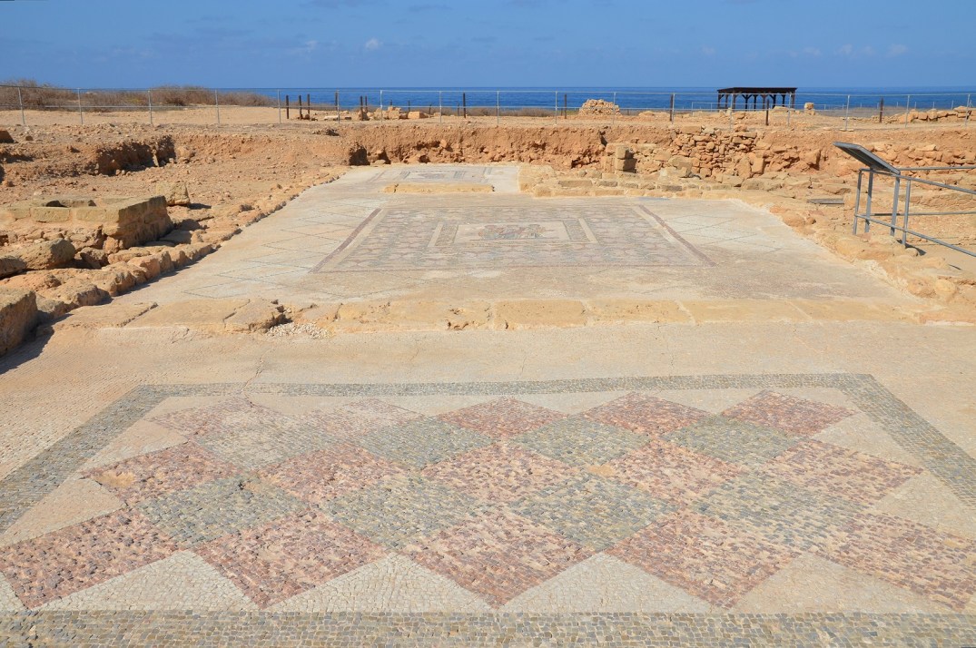The House of Theseus, mosaic with geometric pattern, mosaic with the Three Horae (Dike, Eunomia and Eirene), and mosaic with Aphrodite.