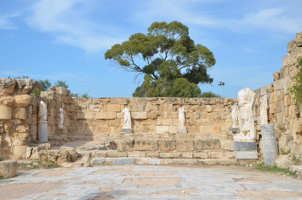 Marble pool at NE corner of the Gymnasium's portico surrounded by headless statues dating back to the 2nd century AD (Trajanic/Hadrianic), Salamis, Northern Cyprus