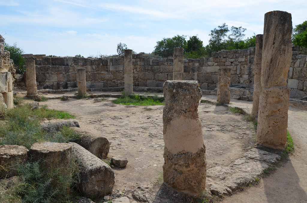 The gymnasium's latrines, a semicircular structure with a roof supported on columns and a capacity of 44, Salamis, Northern Cyprus