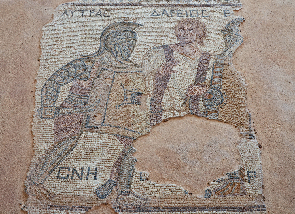 Mosaic depicting gladiators being separated by a referee, late-3rd century AD, House of the Gladiators, Kourion, Cyprus