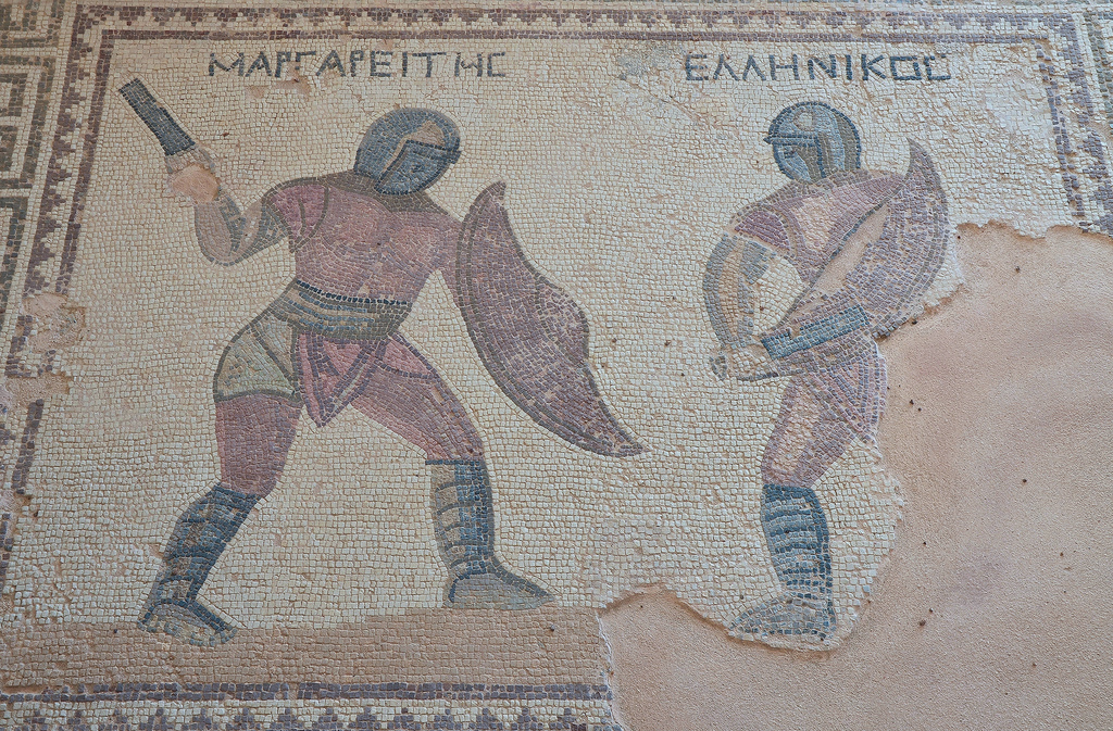 Mosaic depicting two gladiators in combat, their names in Greek listed above: Margarites (left) and Hellenikos (right), late-3rd century AD, House of the Gladiators, Kourion, Cyprus