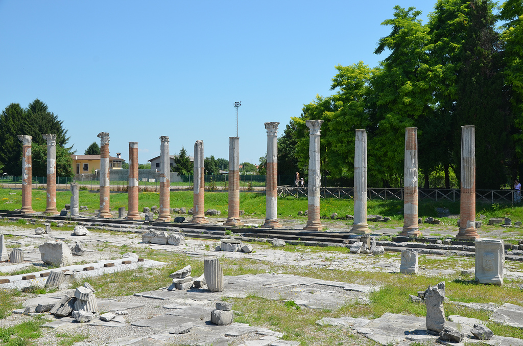 The imperial Forum of Aquileia, the colonnade of the eastern portico of the Forum was restored and partially reconstructed in 1936-1937, Aquileia, Italy