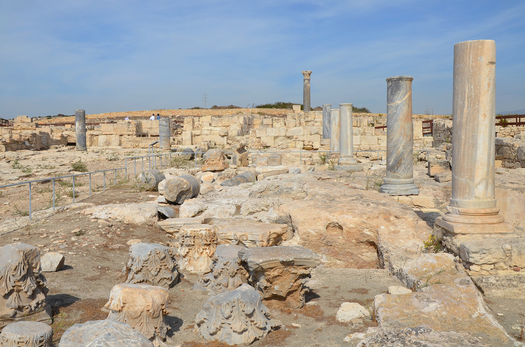 The remains of the portico of the Roman Forum with unfluted columns and Corinthian capitals dating to the Severan era (193-235 AD), Kourion, Cyprus