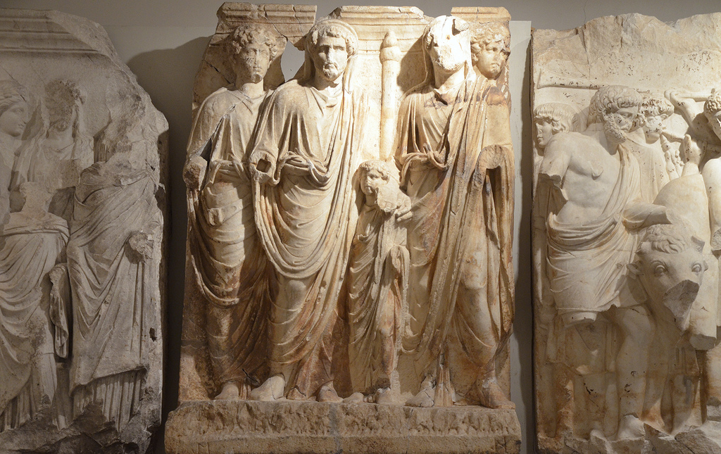 Relief frieze of the Parthian monument depicting the political act of adoption of Antoninus Pius and his successors, Marcus Aurelius and Lucius Verus by Hadrian which took place during the last year of his reign in 138 AD.