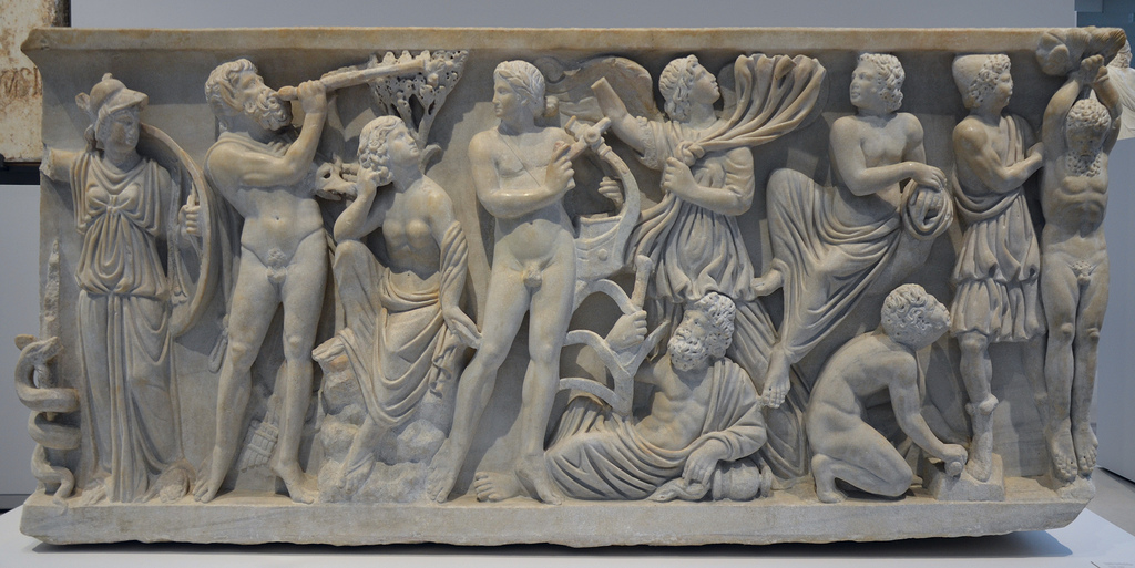 Sarcophagus depicting a musical context between the god Apollo and the satyr Marsyas, around 290-300 AD, from Cosa (Italy).