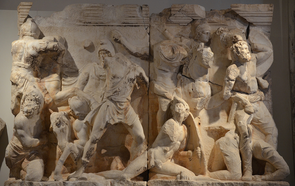 Relief frieze of the Parthian monument depicting the the Roman counter-attack against the Parthians which began in 162 and ended in 166 AD with the destruction of the Parthian capital Ctesiphon.