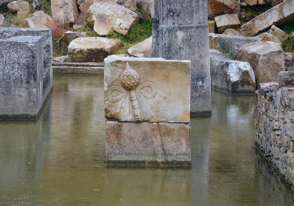 A carved Thyrsus which formed part of the decoration of the scene in the Hellenistic Theatre, the thyrsus, associated with Dionysus, god of the Theatre.