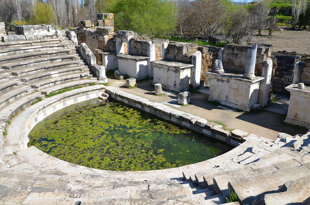 The Bouleuterion (Council House) constructed in the 2nd century AD. A number of statues representing philosophers stood in the niches of the two-storey stage building.