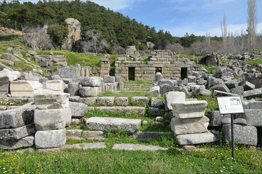 The ruins of the South Propylon, a gate building with high Ionic marble columns built by Idreus (351-344 BC).