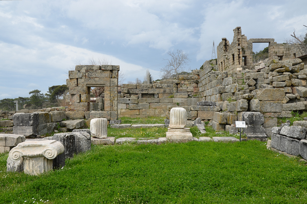 The ruins of Andron B erected by Mausollos (377-352 BC), it had two Ionic columns and a Doric frieze with triglyphs.