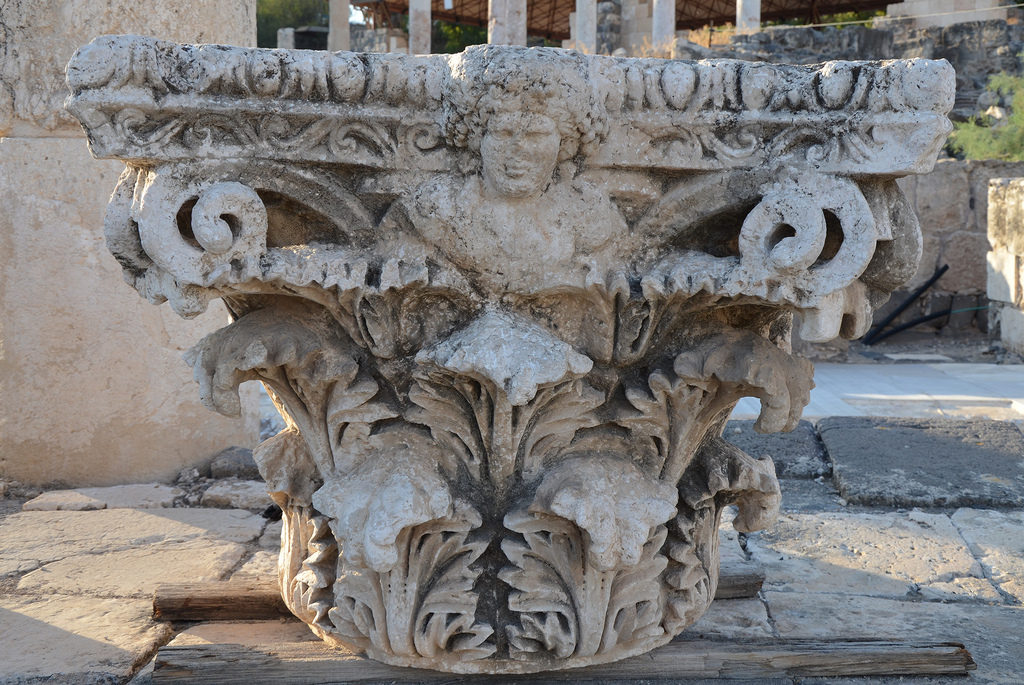 Corinthian capital bearing the head of Dionysus, the god of wine and the patron of the city. According to myth the city was founded by Dionysus who lived in the city. His wet nurse Nysa who breast-fed him was buried in the city, so it was named Nysa-Scythopolis.