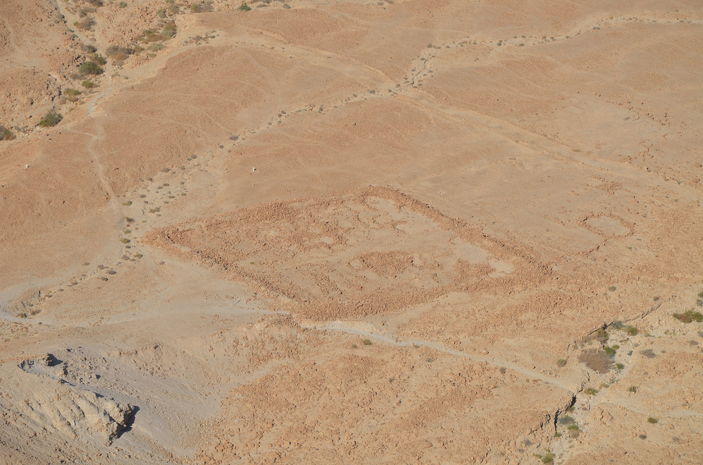 Remnants of Camp D, one of several legionary camps just outside the circumvallation wall around Masada seen from the hilltop.