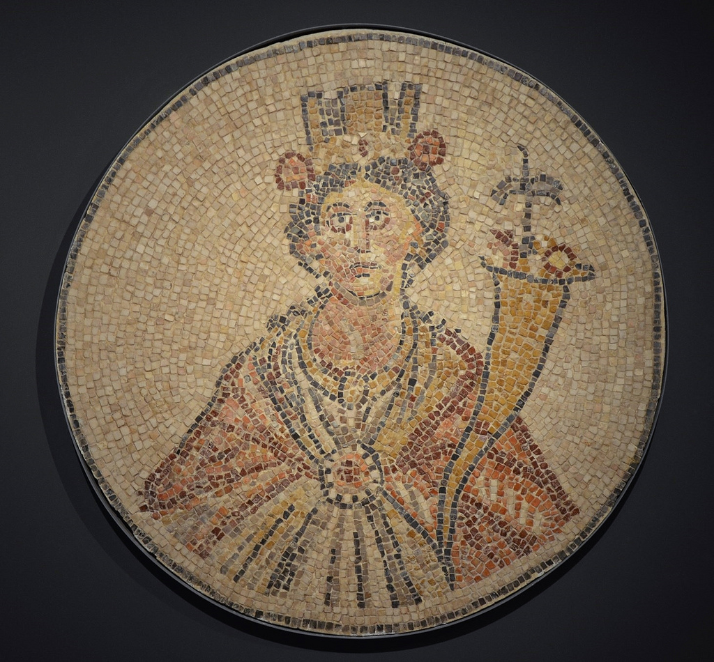 Mosaic with representation of Tyche, goddess of fortune, found in the semicircular exedra off Paladius Street at Scythopolis (Beit She'an). Israel Museum, Jerusalem.