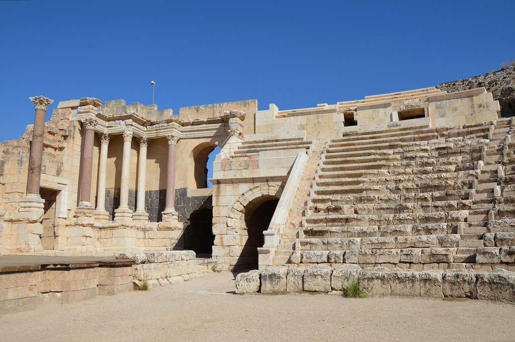 The Roman theatre had eight arched entrances called vomitaria which led to the seating area.