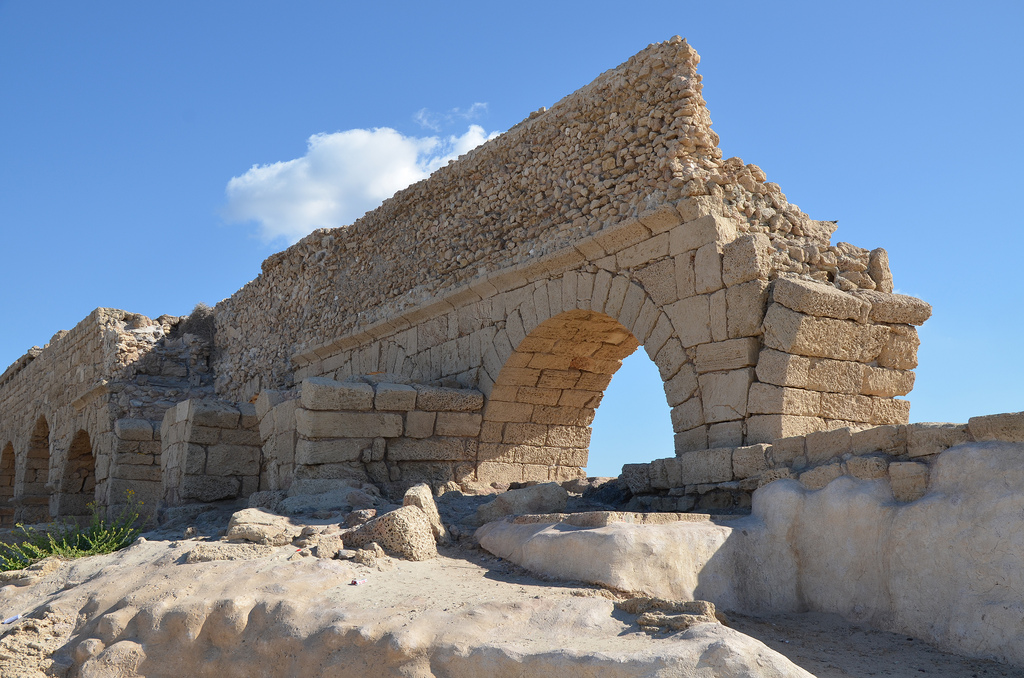 A portion of the high level aqueduct of Caesarea showing the two stages of construction.