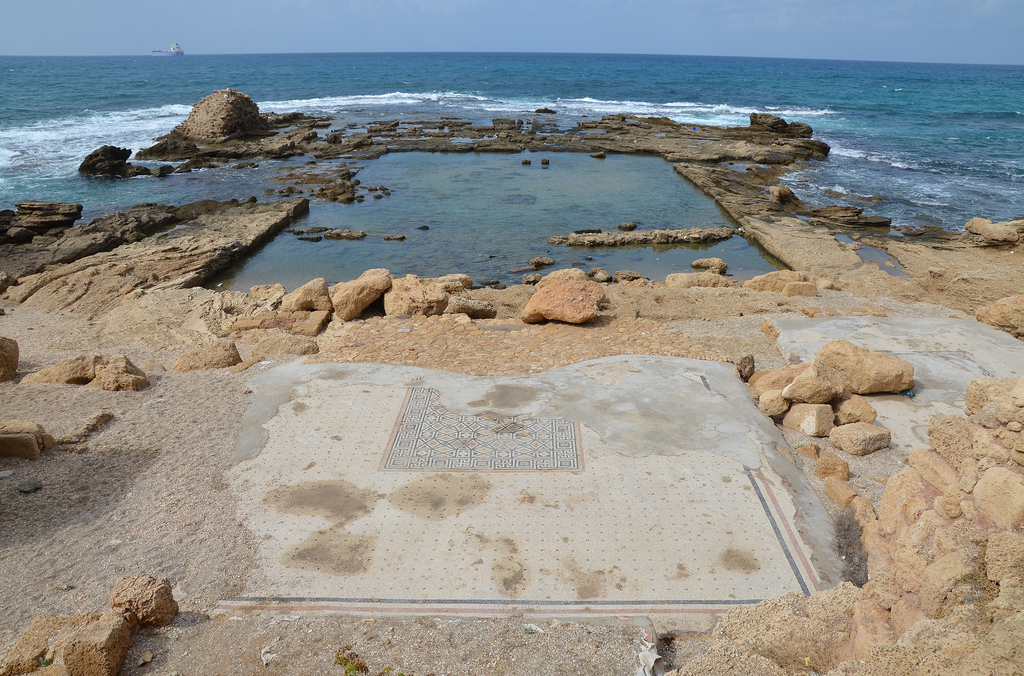 The Lower Terrace of the Promontory Palace of Herod the Great stretching into the sea, the lower wing was built around a pool which was surrounded by four rooms decorated with mosaic floors.