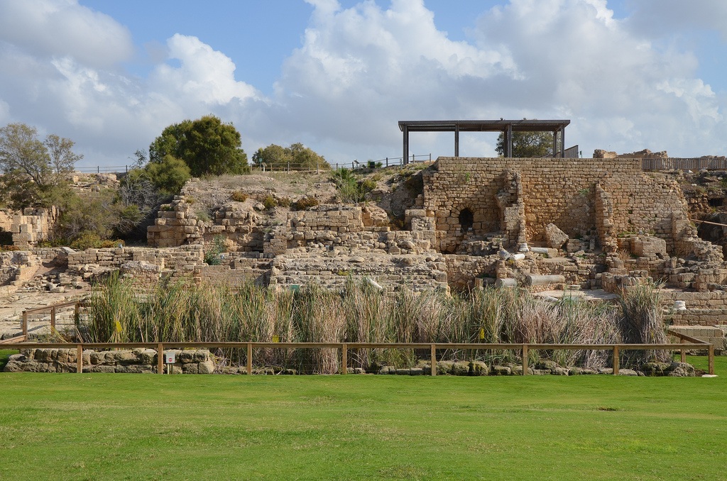 Part of the eastern wharf of the inner harbour with the podium of the Temple of Augustus and a series a vault used as warehouses. The Temple of Augustus was built by Herod and was covered by an octagonal Byzantine church in the 6th century.