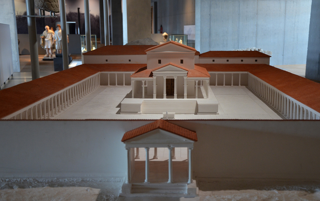 Model of the Temple complex. The temple was built ca. 150-160 AD on a artificial terrace in the north of the city. Gallo-Roman Museum of Tongeren, Belgium.
