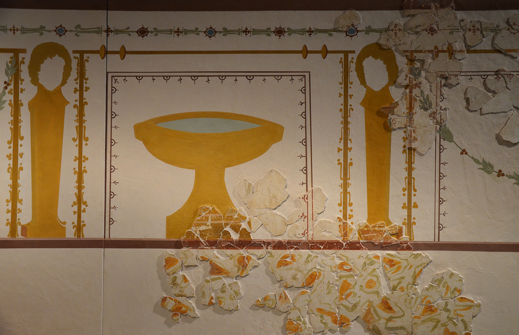 Reconstructed wall painting from fragments, it decorated the the most important room of a luxurious town house in Atuatuca Tungrorum. Gallo-Roman Museum of Tongeren, Belgium.