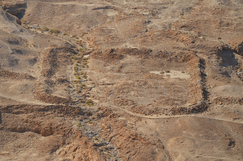 Remnants of Camp E, one of several legionary camps just outside the circumvallation wall around Masada seen from the hilltop.