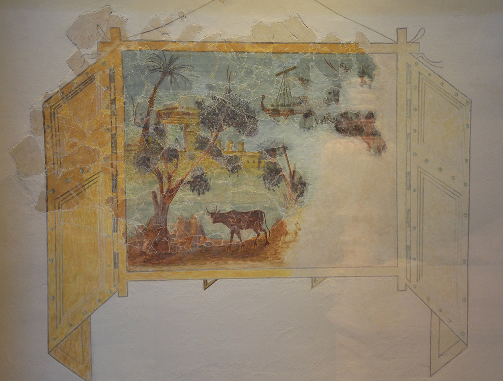 One of the ornate window paintings that adorned the royal room above the theatre. The scene depicts a sea view along with bull, trees, a temple, a palm tree and a boat alluding to the conquest of Egypt by Augustus, 20-15 BC. Israel Museum, Jerusalem.