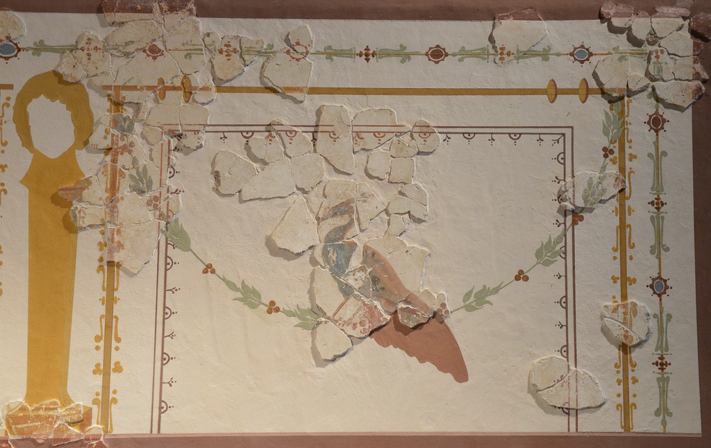Reconstructed wall painting from fragments, it decorated the the most important room of a luxurious town house in Atuatuca Tungrorum. Gallo-Roman Museum of Tongeren, Belgium.