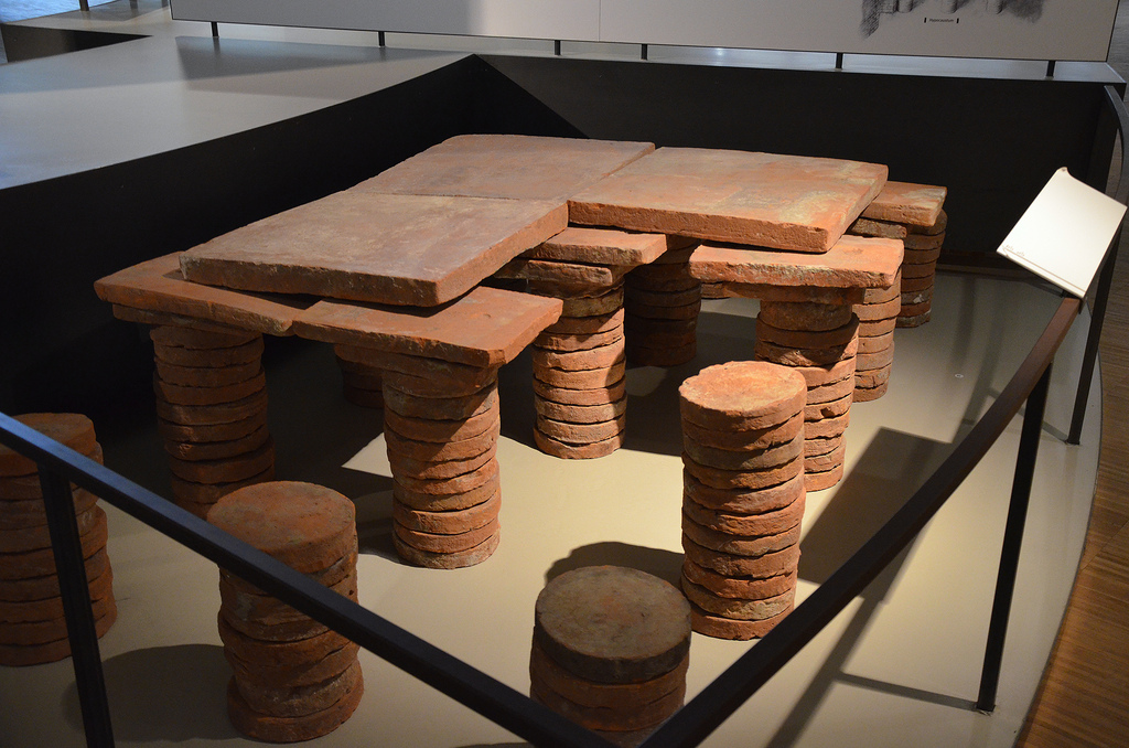 Underfloor heating (hypocaust) from a luxury residence, the floor was supported by pillars of round terracotta blocks. Gallo-Roman Museum of Tongeren, Belgium.