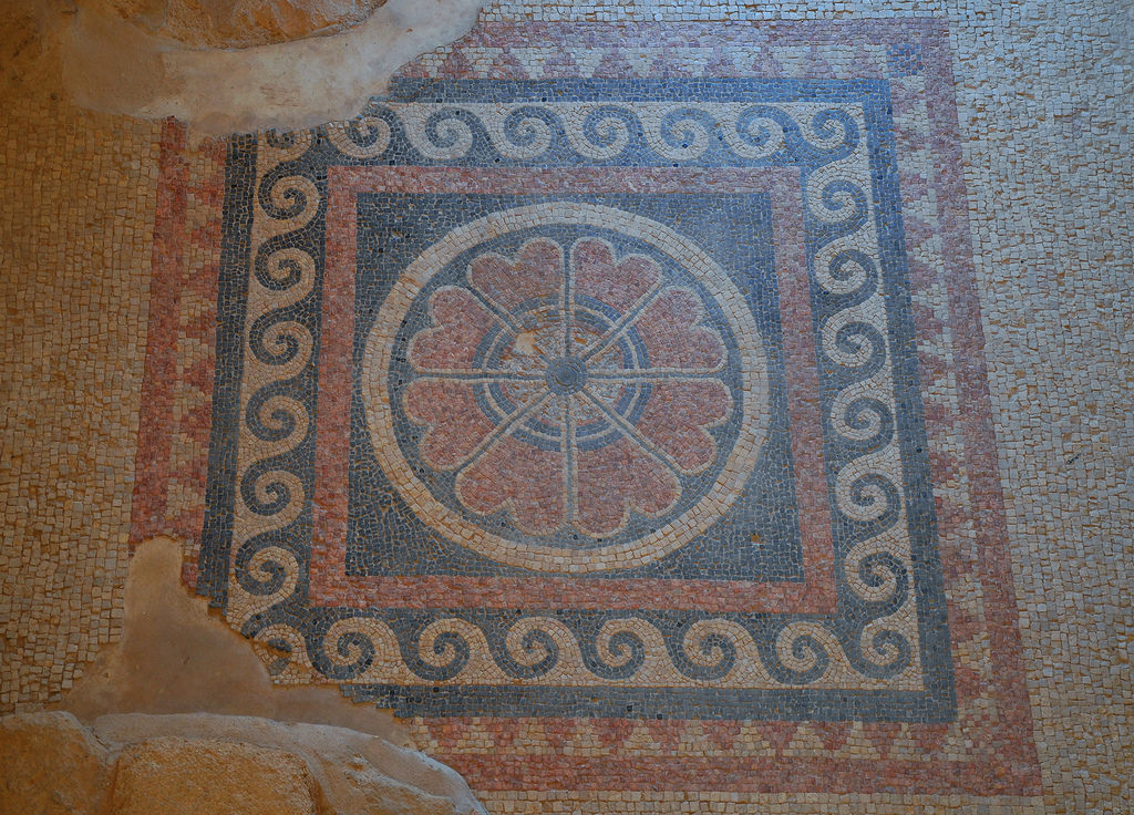 Mosaic floor with geometric patterns in the corridor leading to the bathhouse of the Western Palace.