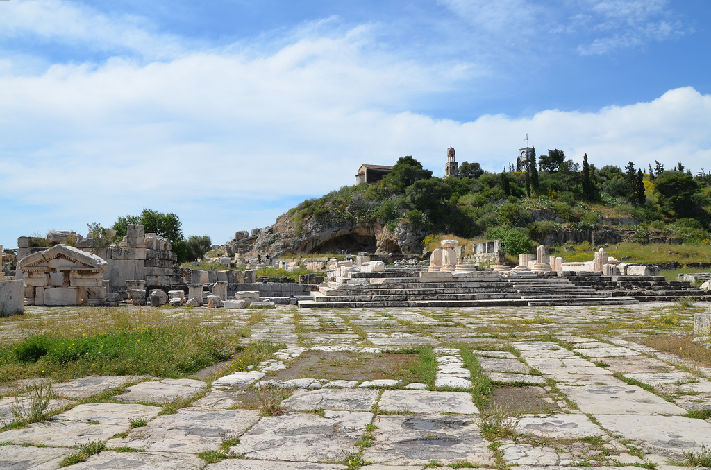 The entrance square to the sanctuary, the steps lead up to the Greater Propylaia.