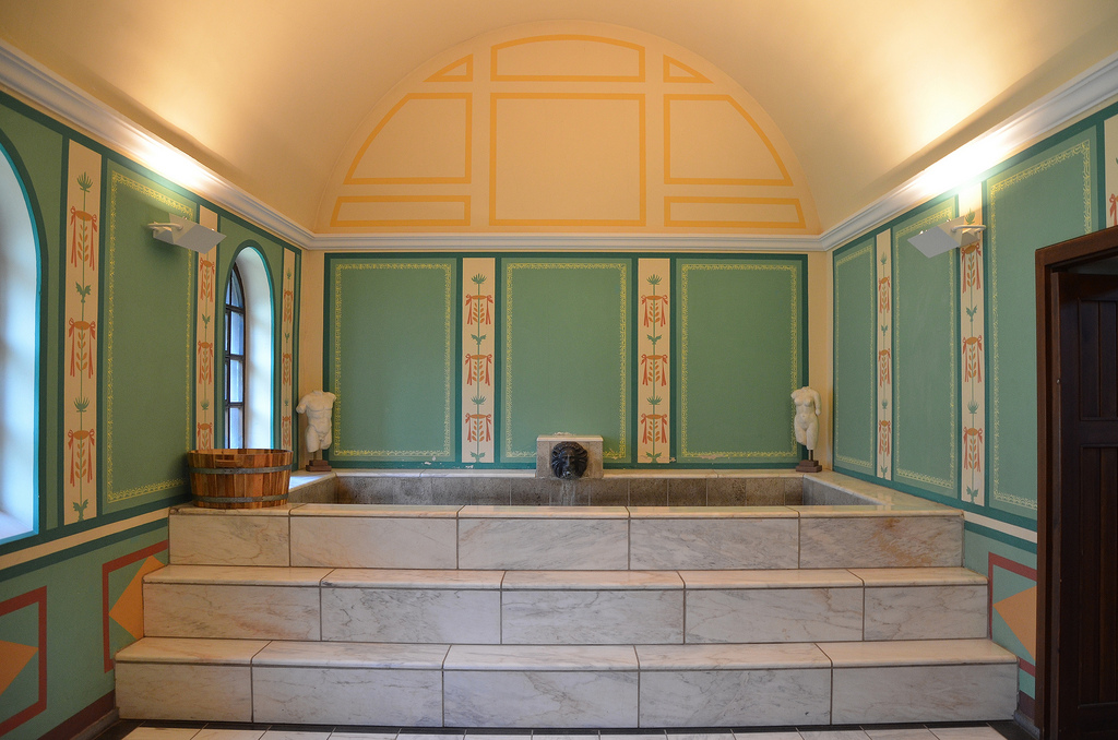 The reconstructed caldarium, a vaulted room containing a hot bath.